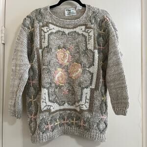 Vtg Cottage Hand knitted Womens Sweater Ramie Embroidered Flower Grandma M Cozy